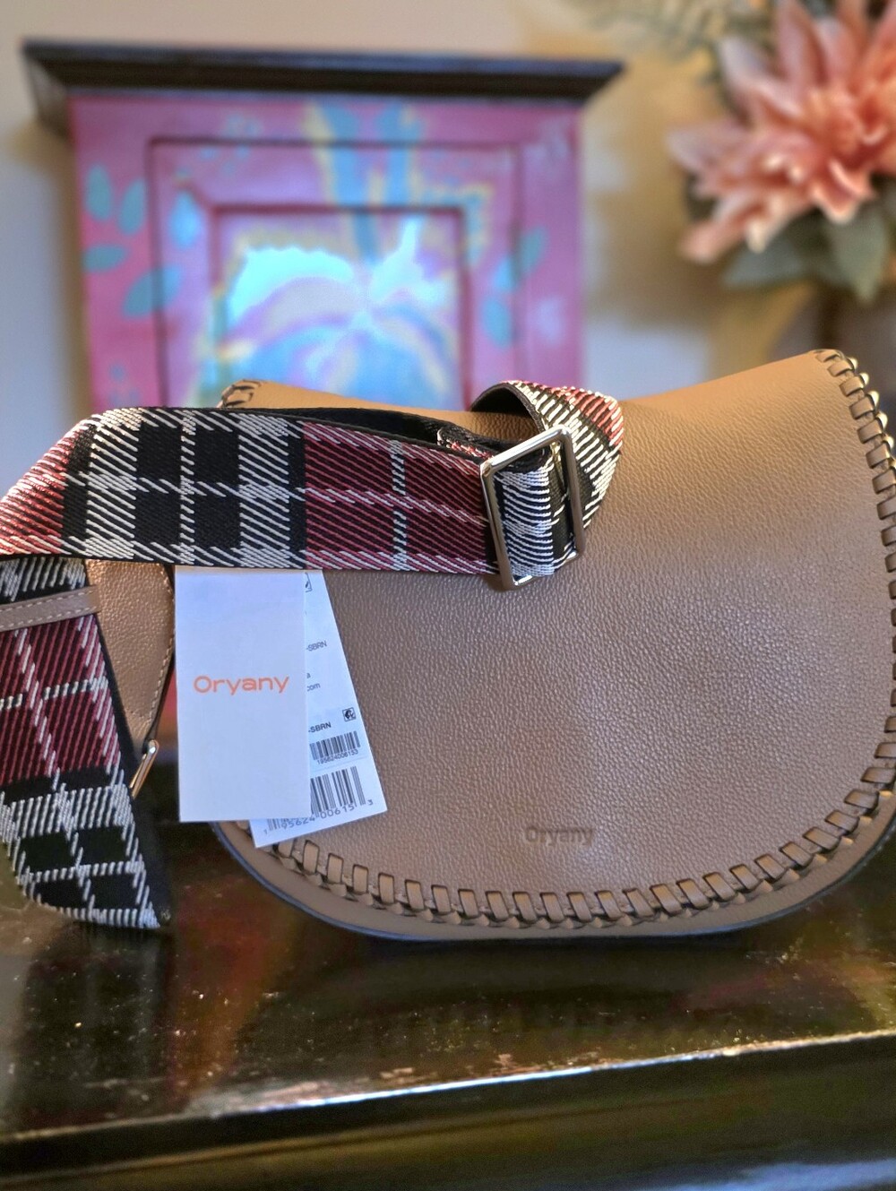 Oryany Tan Leather Crossbody with Plaid Strap